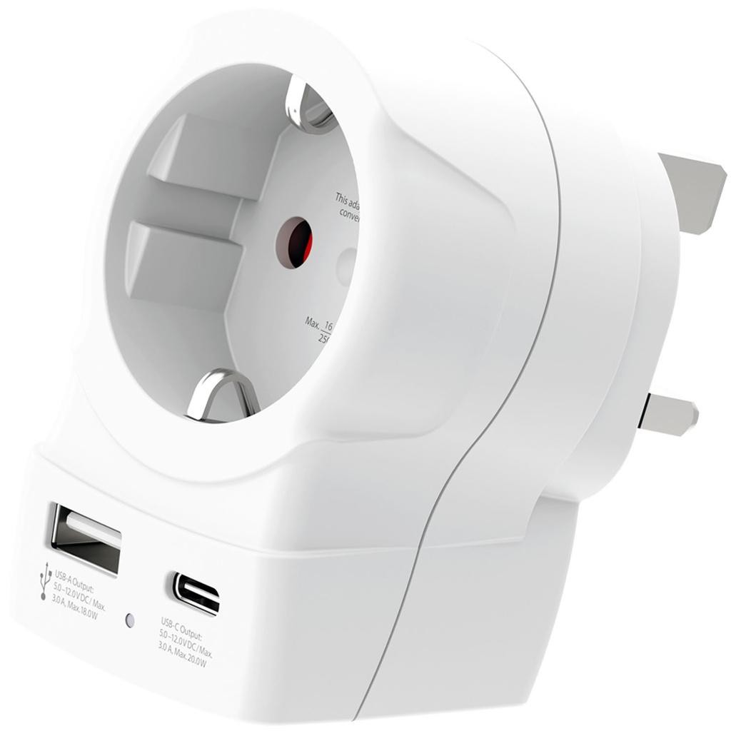 SKROSS - Reseadapter Europa till UK m.fl. USB-A/USB-C 20W PD Jordad - A15507