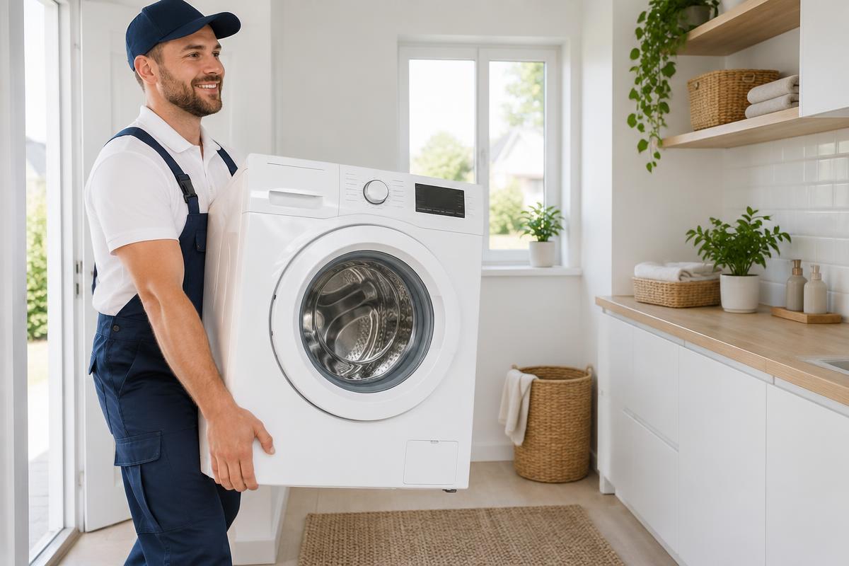 Installatör bär in en ny tvättmaskin